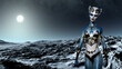 Illustration of a stunning extraterrestrial woman wearing exotic clothing looking forward on barren planet.