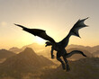 Illustration of a dragon flying above mountainous terrain with spread wings and head up on a fantasy world.