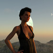 Illustration of an attractive woman with hand on hip looking into the distance at sunset on an alien world.