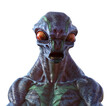 Illustration of an interesting orange eyed alien with gray and green skin on a white background.