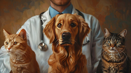 Veterinarian with golden retriever and two cats in clinic