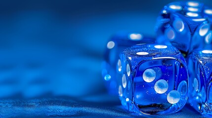 Wall Mural -   A collection of blue dice resting atop a blue table, nearby is a blue cloth adorned with white specks