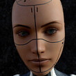 Illustration of a close view of a humanoid female robot looking forward against a dark background.