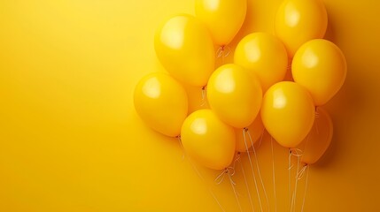 Canvas Print -   A pyramid-shaped arrangement of yellow balloons, each filled with air, floats against a yellow wall, secured by strings