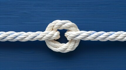   A tight knot on a blue wooden wall's side, with a white rope emerging from its center