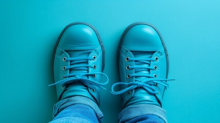 Sticker -   A person stands on a blue surface, their blue shoes reflecting the color beneath them Behind them, two blue walls extend upward