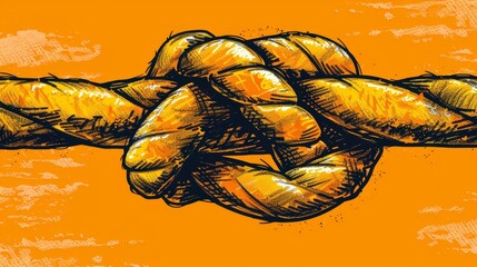 Sticker -   A depiction of several doughnuts swathed in a rope against an orange backdrop, incorporating a grunge texture