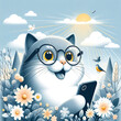 Cheerful smiling cat in glasses with smartphone in nature among flowers