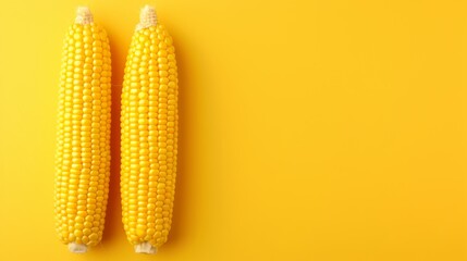   Two ears of corn against a yellow background, viewed from above in a flat lay arrangement ..Or, for a more concise version:..Two