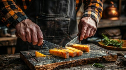 Canvas Print -   A man wields a knife, slicing cheese on a cutting board Surrounding food items populate the table behind him In the backdrop, a bowl of herbs sits