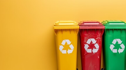 Wall Mural -   Three trash cans, each labeled with the recycling symbol, aligned on a yellow background