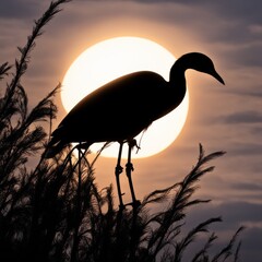 Poster - a beautiful sunset with bird on the lake. silhouette of long black beak.