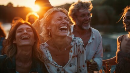 Canvas Print - Joyful Friends Enjoying Sunset Together