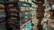 Vintage Collection of Cassette Tapes Stacked in Old Shelves, Displaying a Wide Variety of Classic Titles and Genres in a Nostalgic Music Store
