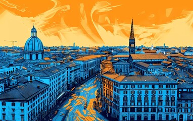 Pop art artistic image of italian city with mole antonelliana and piazza vittorio torino