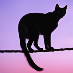 Wall Mural - a black cat on purple background with the sky.