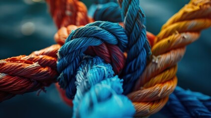 A knot of ropes with a blue one in the middle. The ropes are of different colors and are tied together