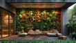 Modern Living Room Integrating Nature with a Lush Vertical Garden and Stylish Lounge Furniture