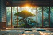 Serene Japanese Zen Room with a Majestic Bonsai Tree Illuminated by Tranquil Morning Sunlight