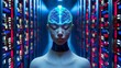 Futuristic AI Humanoid with Glowing Brain Interface Standing in a High-Tech Data Center