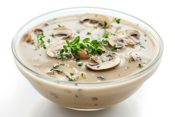 Wall Mural - A bowl of creamy mushroom soup with herbs on a transparent white surface