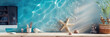 Creative desktop setup featuring tropical beach theme with starfish, shells, and ocean wave background banner. Panoramic web header. Wide screen wallpaper