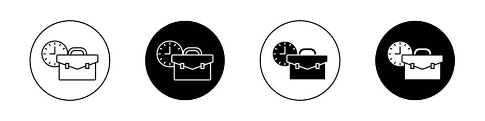 Sticker - Office time icon set. workday sign. employee working hours vector symbol. routine work plan sign. business bag with watch in black filled and outlined style.