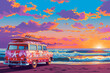 Colorful van parked on beach with vibrant sunset sky and ocean waves in background