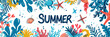 Word 'SUMMER' with starfish, fish, shell, seaweed, and bubble. Colorful illustration background banner. Panoramic web header. Wide screen wallpaper
