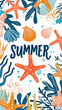 Abstract starfish, shell, seaweed and word 'SUMMER' in center. Colorful illustration