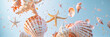 Floating sea shells and starfish with bubble on blue background banner. Panoramic web header. Wide screen wallpaper