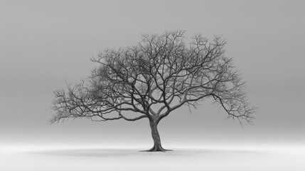 Bare winter tree with intricate branches, isolated on a grey background