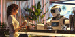 Illustration of woman in white clothes pays for a cup of coffee to robot in bright and shine cafe or restaurant in sci-fi style
