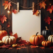  A Blank Sheet Of Paper Hangs On A Wooden Fence. It Is Decorated With Fall Leaves And There Are Pumpkins Sitting In Front Of It.