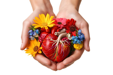 Wall Mural - Hand-holding Heart organ with blooming flowers isolated on a transparent background. organ donation and volunteer concept.