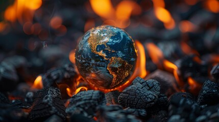 Artistic close-up of a globe amidst fiery coals, depicting climate change and the threat of rising global temperatures – Concept of environmental warning and planetary peril