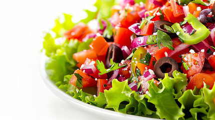 Poster - A salad with a variety of vegetables including tomatoes, cucumbers, and olives. The salad is served on a white plate