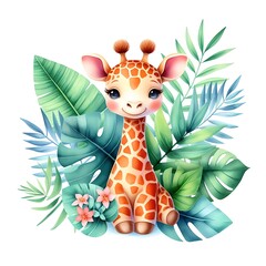 Watercolor cute baby giraffe and tropical leaves
