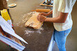 Woman, hands and baking with flour on board in kitchen for new recipe, cookbook or lesson at home. Closeup of female person, chef or baker kneading dough for pastry, cooking or ingredients at house