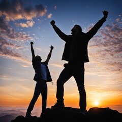 Poster - happy successful couple with raised arms celebrating success at sunset