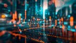 © antkevyv - Business chart double exposure, cityscape with stock market graph, investment banking dark blurred motion diagram
