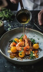 Wall Mural - pouring sauce over shrimp dish