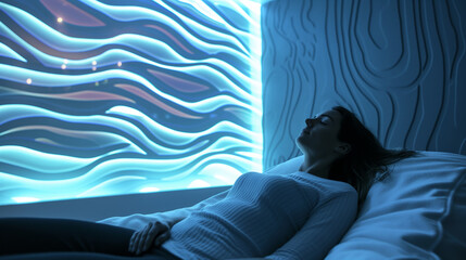 Calm woman experiencing light therapy in a modern wellness space