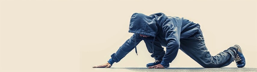 Poster - energetic and dynamic illustration of a man performing an element of breakdancing and parkour with movements and flashes of light. Concept: youth cultural events, sports equipment. grunge style