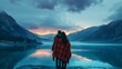 Serene scene of a standing couple in love shrouded in plaid on a mountain lake at sunset