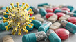 A yellow virus is surrounded by a bunch of pills. The pills are in different colors and shapes. Scene is serious and informative, as it shows the importance of taking medication to prevent