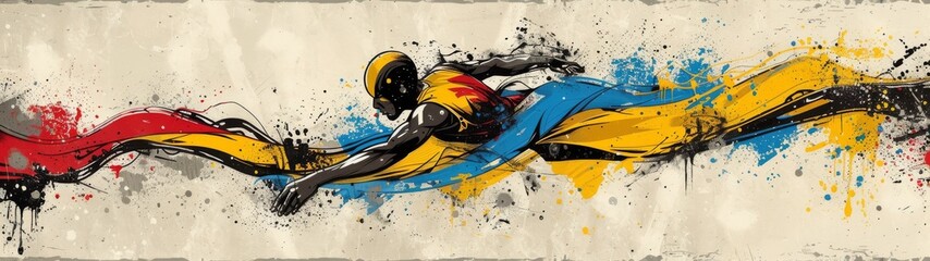 energetic and dynamic illustration of a man performing an element of breakdancing and parkour with movements and flashes of light. Concept: youth cultural events, sports equipment. grunge style
