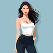 © Lilia Ulizko - Vector fashion illustration of a sexy young woman in a white short sports top and black skinny jeans.