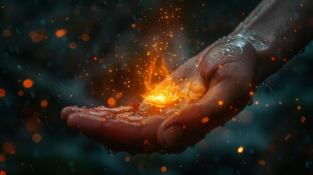 A hand holding a glowing ember in the rain with magical sparks