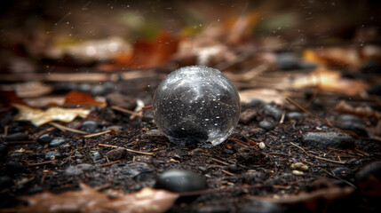 Wall Mural - A small, clear ball is sitting on a pile of dirt. The scene is peaceful and calm, with the ball sitting alone in the middle of the dirt